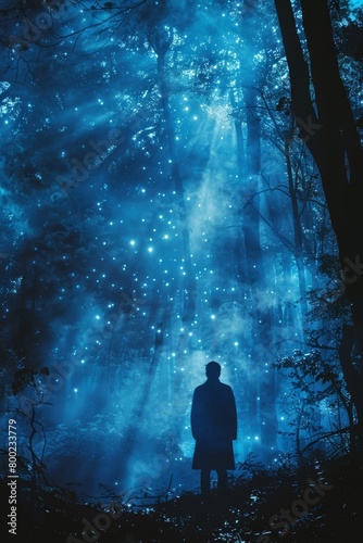A lone man wanders through the eerie  moonlit forest  where ghostly whispers and chilling apparitions haunt the shadows.