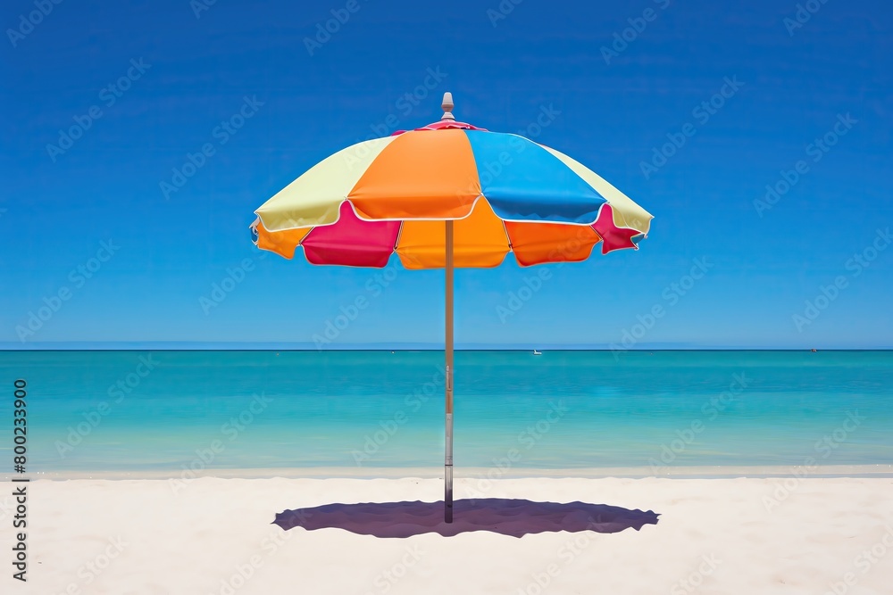 Colorful beach umbrella casting a vibrant shadow on the white sand, set against a clear blue sky
