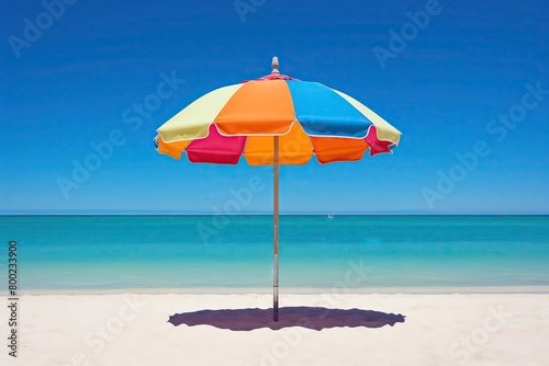 Colorful beach umbrella casting a vibrant shadow on the white sand  set against a clear blue sky