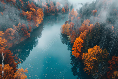 Misty Lake Surrounded by Autumnal Forest