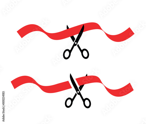 Illustration of cutting a red ribbon with scissors. Symbol of the grand opening or completion of construction. Festive event, opening of a new facility.