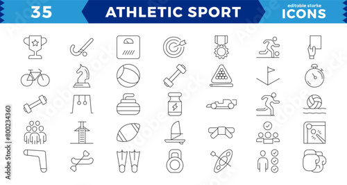 Simple Set of Athletic sport Related Vector Line Icons. Pixel perfect.Contains such Icons as Riding Water Bike, SUP Boarding, headcare ,Windsurfing and more. Editable Stroke.