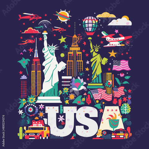 A colorful image of the USA with a woman holding a statue of liberty. The image is a collage of various elements such as airplanes, buildings, and flags