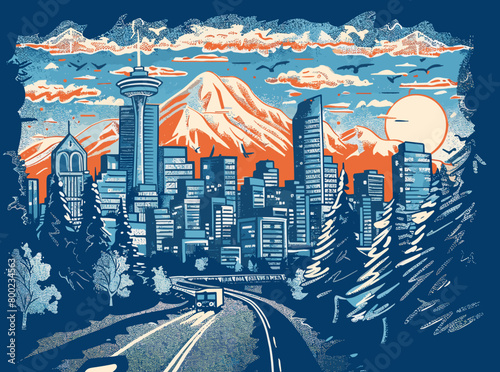 A city Vancouver with a mountain range in the background and a train on a road