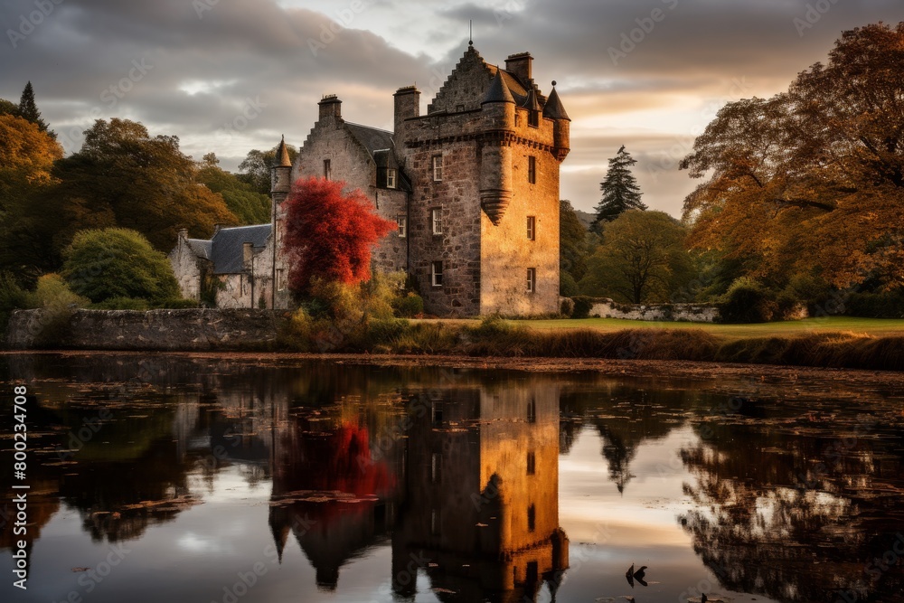 Naklejka premium A Majestic Scottish Castle Nestled in the Highlands, Bathed in the Golden Glow of a Setting Sun, Surrounded by a Serene Loch and Ancient Oak Trees