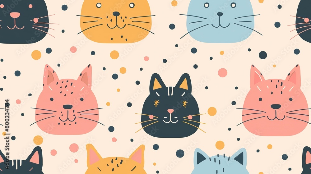 happy baby cat kitten animal face with polka dot pastel soft tone color, seamless pattern nursery design cartoon style illustration with grungy texture, Generative Ai happy baby cat kitten animal face with polka dot pastel soft tone color, seamless pattern nursery design cartoon style illustration with grungy texture, Generative Ai