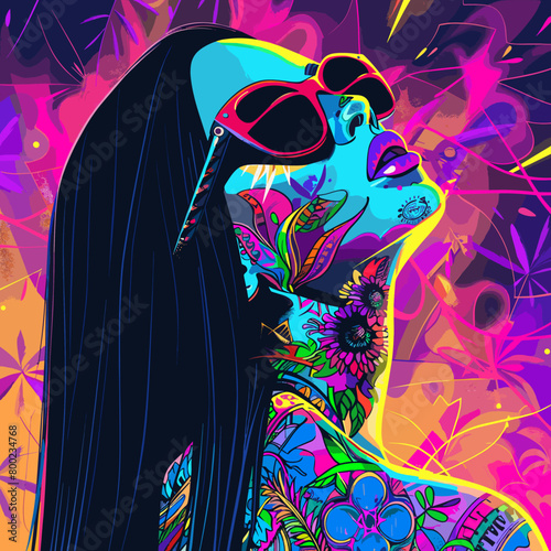 A woman with long hair and colorful tattoos is wearing sunglasses and looking up