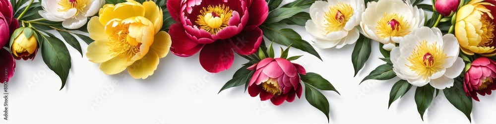 Banner with yellow and red peony flowers on light background. Flat lay, top view. Frame template for web, wedding invitation, Mothers and Womans day. Floral composition with copy space.
