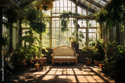 A Lush Indoor Plant Conservatory with a Variety of Exotic Plants  Sunlight Streaming through Glass Roof and Vintage Wooden Benches