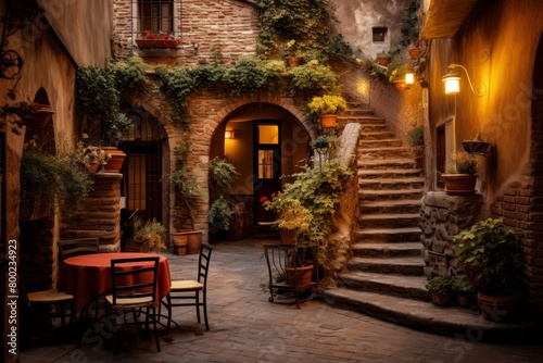 A Cozy Evening at a Rustic Italian Trattoria Nestled in the Heart of a Quaint Tuscan Village © aicandy