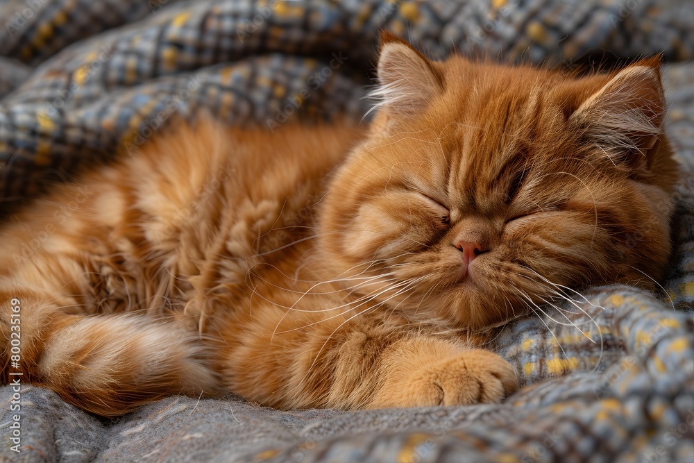 Napping Ginger Cat on Cozy Checked Blanket