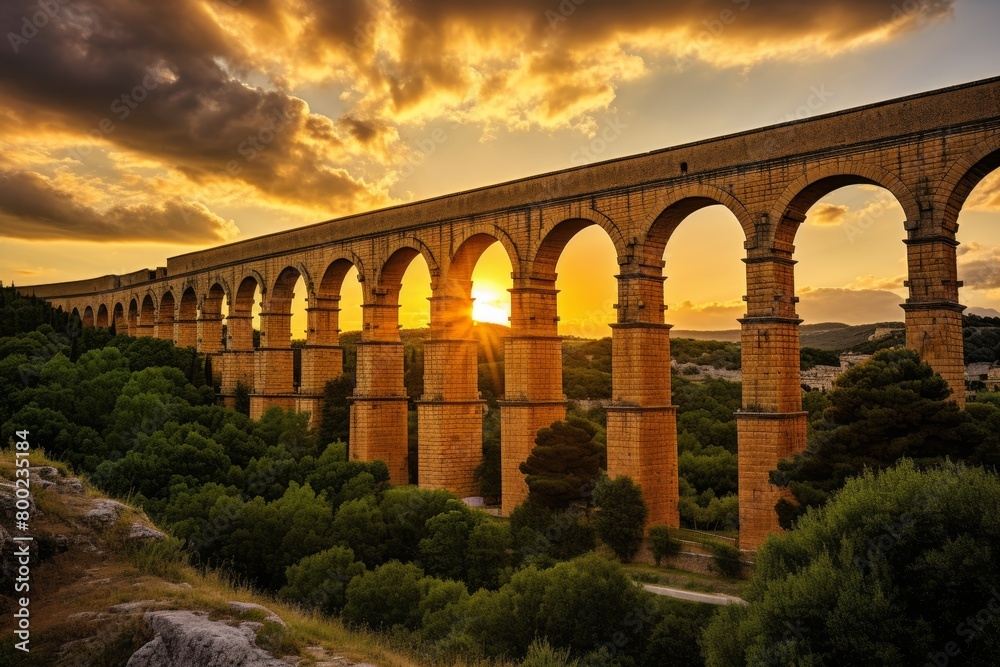 Fototapeta premium A Majestic View of an Ancient Roman Aqueduct, Gracefully Spanning Across a Verdant Valley Under a Dramatic Sunset Sky