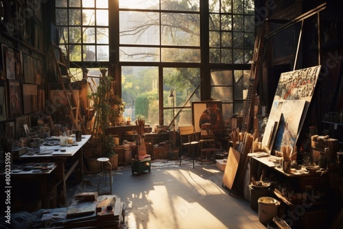 A Bohemian Artist s Studio at Dawn  Illuminated by the Soft Morning Light  Filled with Paintings  Sculptures and Artistic Chaos