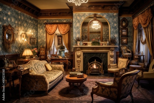 A Lavish Victorian Parlor Room Illuminated by the Warm Glow of a Fireplace, with Antique Furniture and Intricate Wallpaper Patterns