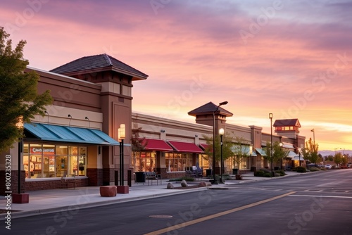 A Vibrant Suburban Strip Mall at Sunset, Featuring Unique, Eclectic Stores and Bustling with Local Shoppers
