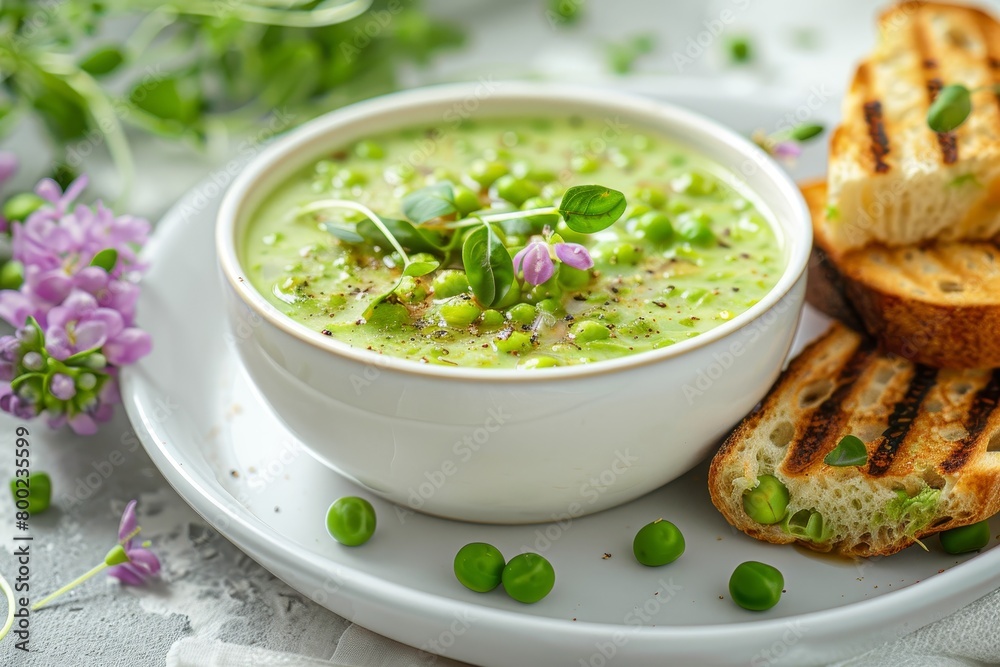 Green pea cream soup with pea shoots bacon slices grilled bread Focus on white table Vegetarian option Green pea cream soup with pea shoots bacon slices grilled bread Focus on white table Vegetarian option