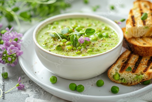 Green pea cream soup with pea shoots bacon slices grilled bread Focus on white table Vegetarian option