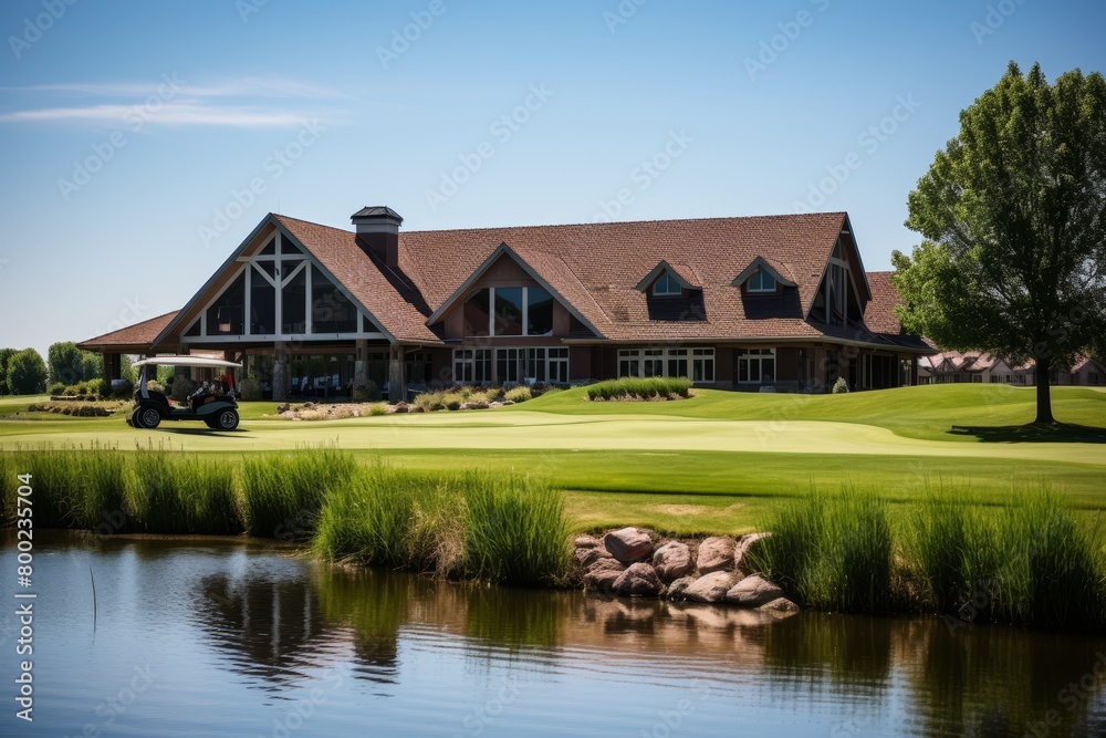 A picturesque view of a suburban golf course clubhouse nestled amidst lush greenery under a clear blue sky A picturesque view of a suburban golf course clubhouse nestled amidst lush greenery under a clear blue sky