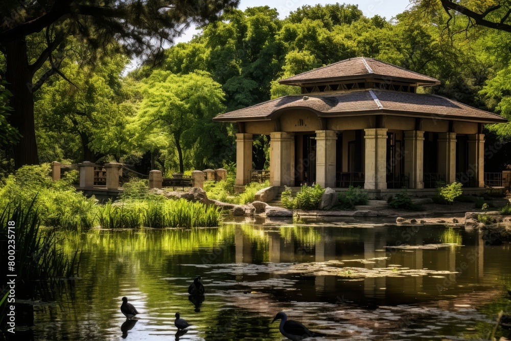 A Tranquil Afternoon at the Park Bird Sanctuary, Featuring a Variety of Birds, Lush Greenery, and Historic Architecture