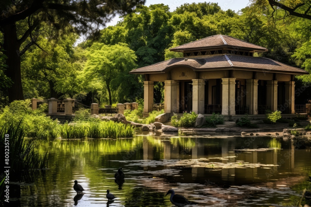A Tranquil Afternoon at the Park Bird Sanctuary, Featuring a Variety of Birds, Lush Greenery, and Historic Architecture A Tranquil Afternoon at the Park Bird Sanctuary, Featuring a Variety of Birds, Lush Greenery, and Historic Architecture