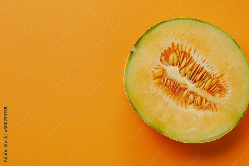 Half melon on orange background with creative layout Fresh and flat lay with copy space Half melon on orange background with creative layout Fresh and flat lay with copy space