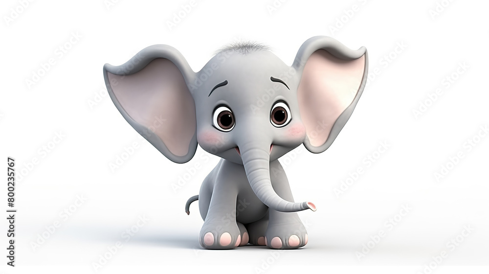 A cute cartoon elephant isolated against a stark white background.