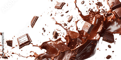 Chocolate liquid and Chocolate bar splashing in the middle isolated on white background photo