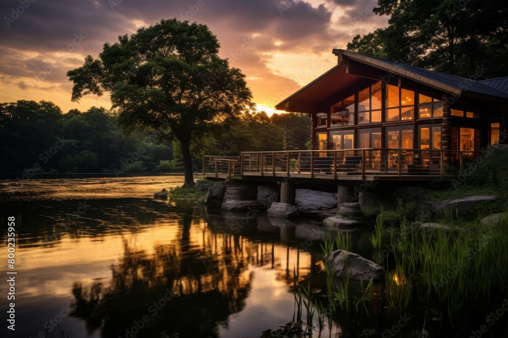 Fototapeta premium A Rustic State Park Office Nestled in the Woods, Surrounded by Lush Greenery and a Tranquil Lake at Sunset