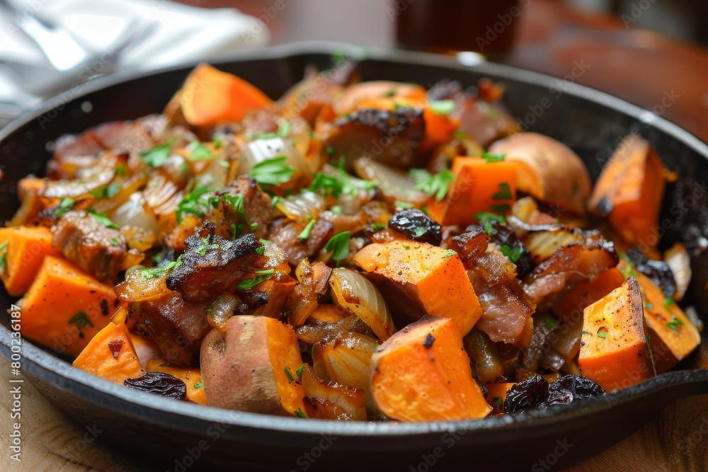 Hash with sweet potatoes onions pork belly and raisins