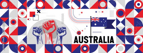 Flag and map of Australia with raised fists. National day or Independence day design for Counrty celebration. Modern retro design with abstract icons. Vector illustration.