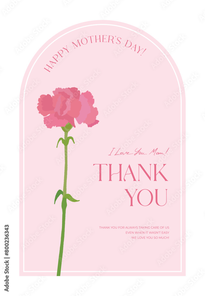 Card template with pink carnation flower illustration design for 'Mother's Day' concept. Simple and stylish thank you card, panel design illustration graphic set in arched frame.