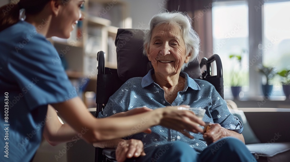 Elderly woman in wheelchair being handfed by a nurse. Compassionate Care in a Sunlit Room: A Moment of Assistance and Understanding Elderly woman in wheelchair being handfed by a nurse. Compassionate Care in a Sunlit Room: A Moment of Assistance and Understanding