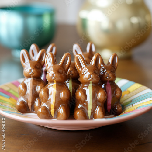 Several chocolate bunny figurines on a plate in a sweet-shop. A collection of cute decorative animal-shaped chocolates. AI-generated
