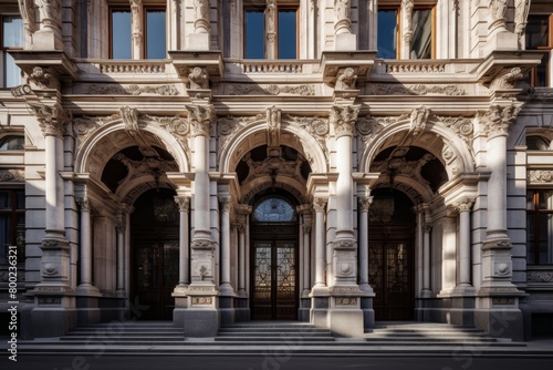 An imposing bank building with a classic stone facade, ornate columns, and intricate carvings, reflecting the grandeur of traditional architecture