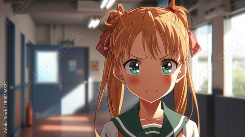 school uniform anime girl character with an annoyed face, pigtailed hair photo