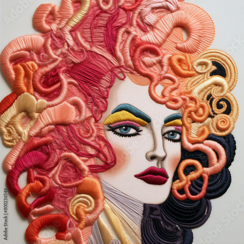 An embroidered portrait of a drag queen isolated on white fabric. A stylish confident ladyboy wearing a colorful curly wig and a lot of makeup. AI-generated