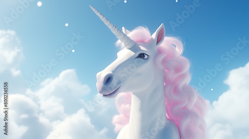 Adorable unicorn in the sky, isolated against a stark white background