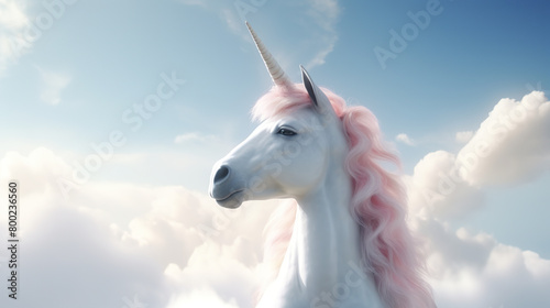 Adorable unicorn in the sky, isolated against a stark white background