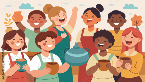 The classroom is filled with laughter and joy as the students proudly display their finished pottery pieces showcasing their newfound skills and love. Vector illustration