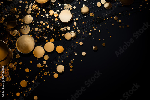 Round gold circles of various sizes on a black background. Birthday party themed stylish dark backdrop with copy space. AI-generated