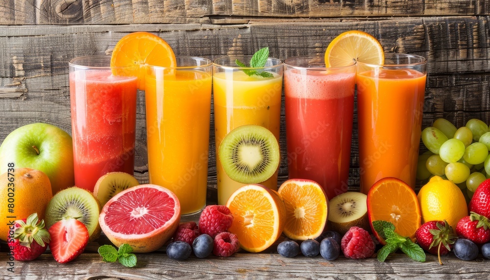 Healthy drinks made from a mix of fresh fruit presented on a wooden background