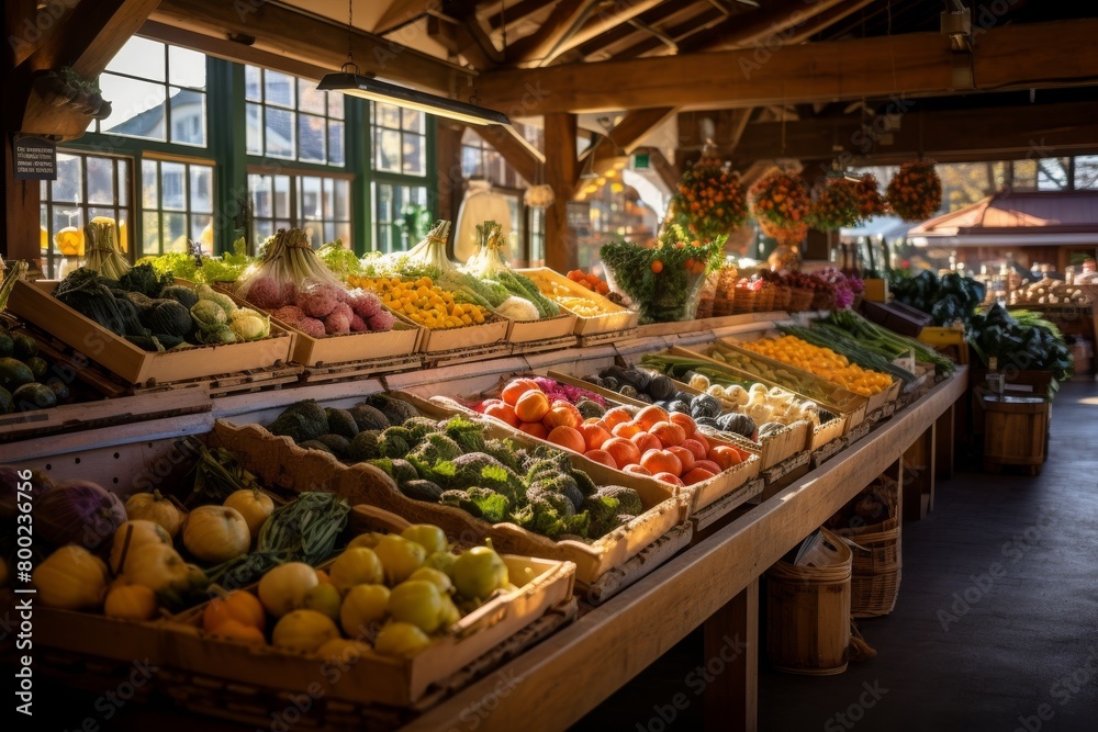 A Bustling Local Produce Market Overflowing with Farm-Fresh Fruits, Vegetables, and Homemade Goods in a Quaint Town Setting