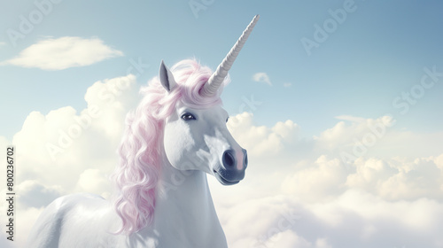 Adorable unicorn in the sky  isolated against a stark white background