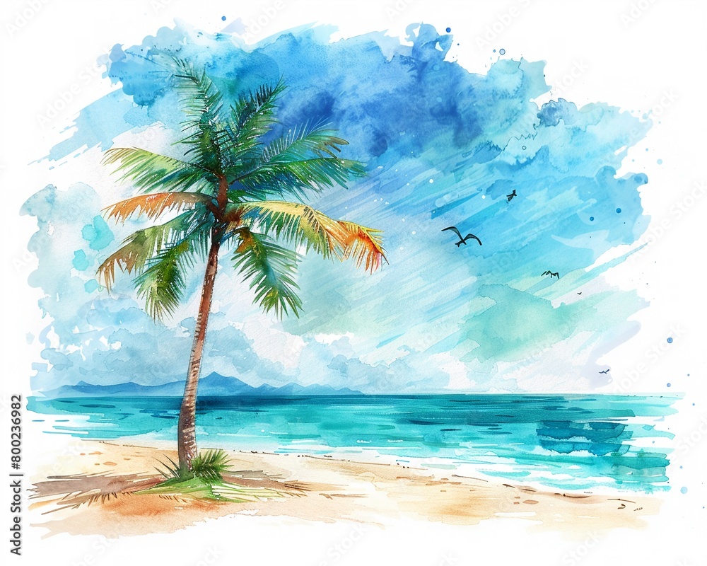 Bright pastel watercolor of a palm tree, set against a tropical beach backdrop, hand drawn, perfect for a summer vibe