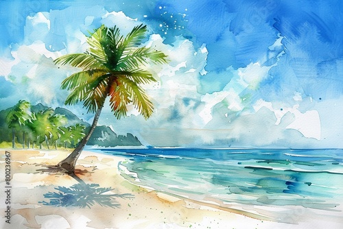 Hand drawn watercolor depicting a lush palm tree on a tropical beach, using bright pastel colors, summer themed