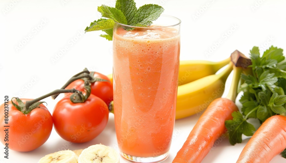 Healthy tomato banana smoothie served in a long glass with almond milk fresh mint leaves carrots and bananas Healthy tomato banana smoothie served in a long glass with almond milk fresh mint leaves carrots and bananas