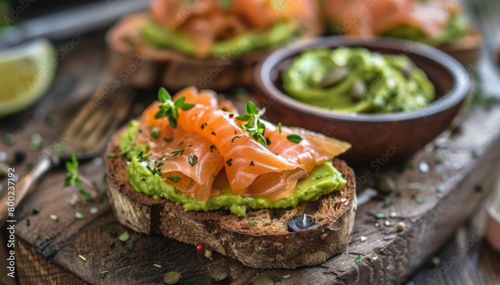 Healthy vegan eating with guacamole salmon and avocado cream on wooden background Healthy vegan eating with guacamole salmon and avocado cream on wooden background