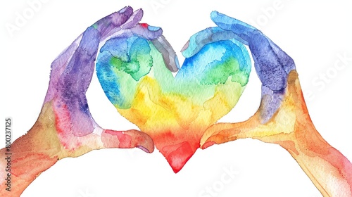 An artistic watercolor depiction of hands holding up a heartshaped sign painted in the colors of the rainbow, symbolizing love and equality, isolated on a white background
