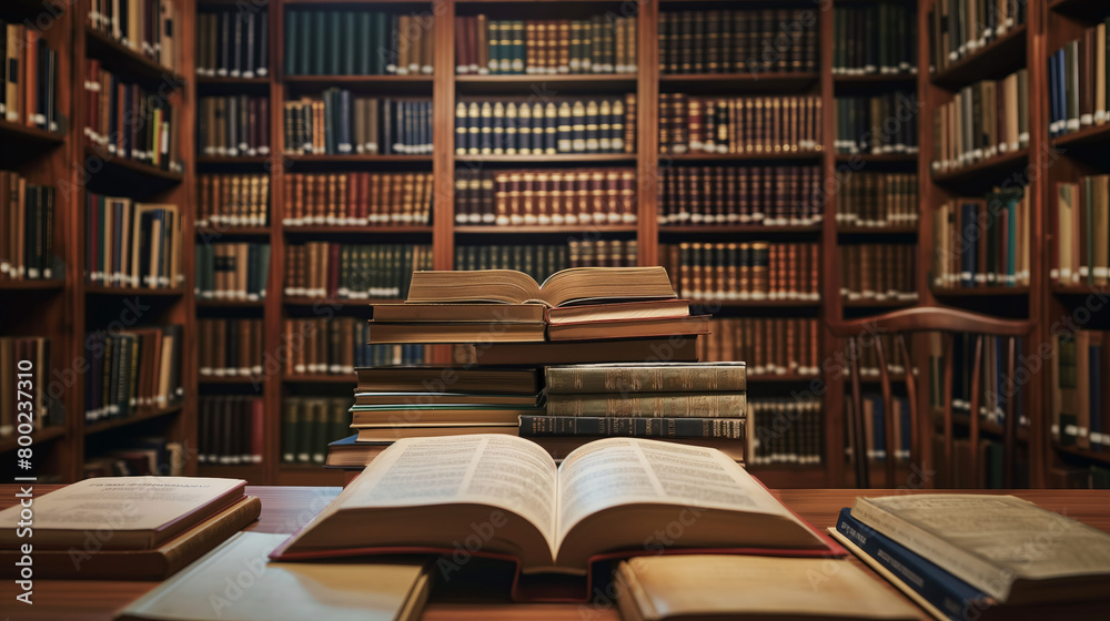 A visually appealing image showing a collection of hardcover books piled with an open book in the foreground in a library setup A visually appealing image showing a collection of hardcover books piled with an open book in the foreground in a library setup