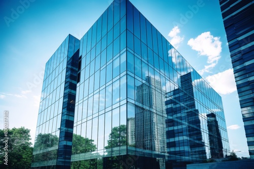 A modern cerulean office building under a breezy sky, with glass windows reflecting the surrounding cityscape and greenery